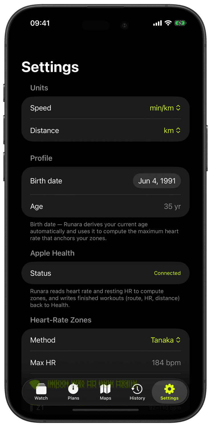 Settings showing Apple Health connected with HR zones