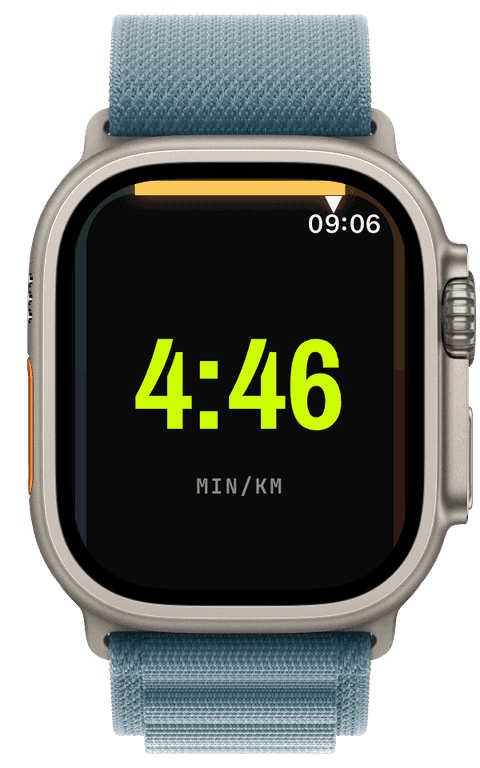 A live running workout with a giant pace numeral
